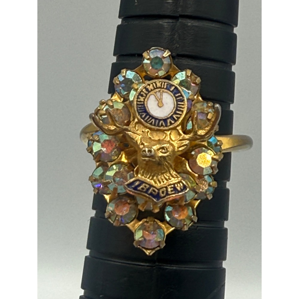 Vintage IBPOEW Elks Lodge Fraternal Ring AB Rhinestone Adjustable Size 7.5